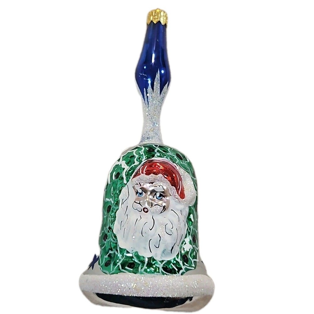 Home For The Holidays Vintage Christmas Glass Hanging Santa Wreath Ornament Bell